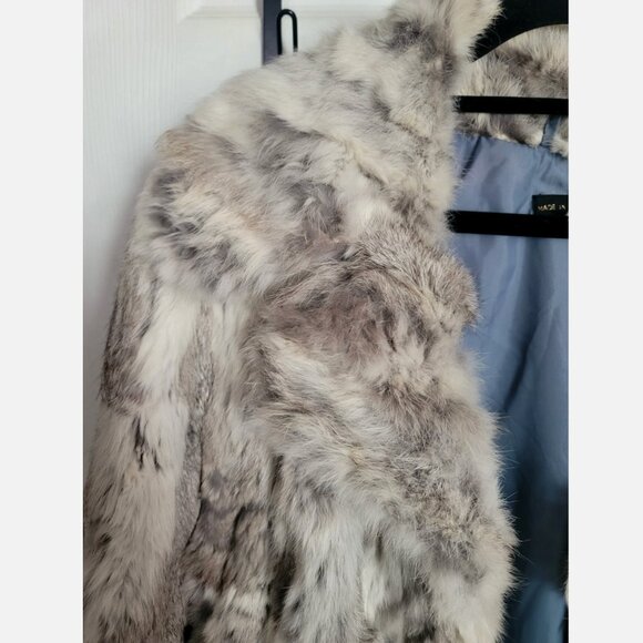 VTG Natural Rabbit Fur Long Coat Jacket w/ Belt Gray White Spotted Striped Sz L - Picture 5 of 15